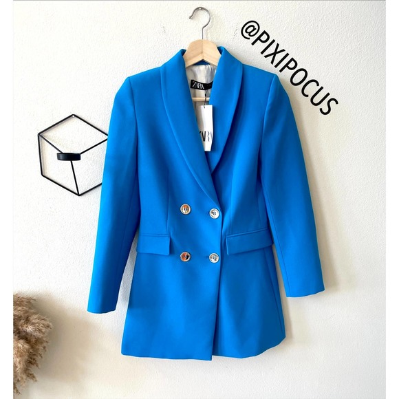 ZARA DOUBLE BREASTED LONG BLAZER BLUE XS - Picture 6 of 13